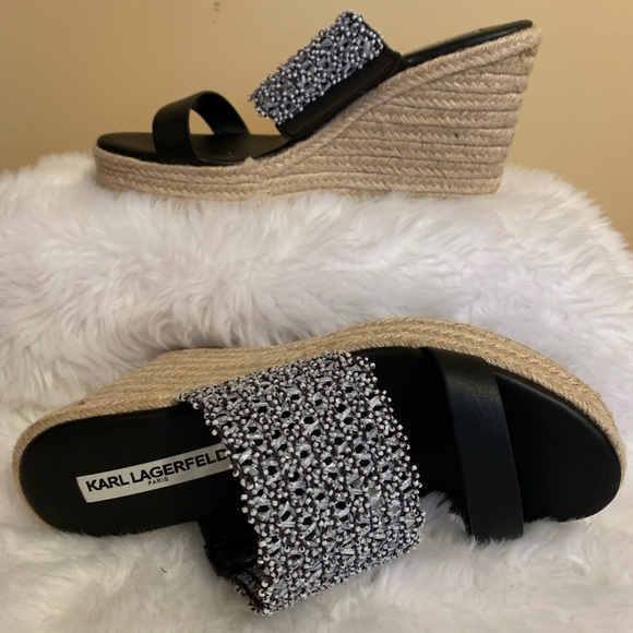 KARL LAGERFELD Celie Black Espadrilles wedge slide sandal size 9.5 LNWOT - Picture 2 of 10